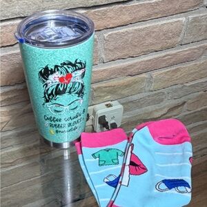 NIB Nurses Teal Tumbler and Fun Socks Set. Metal lining of mug. Funny socks
